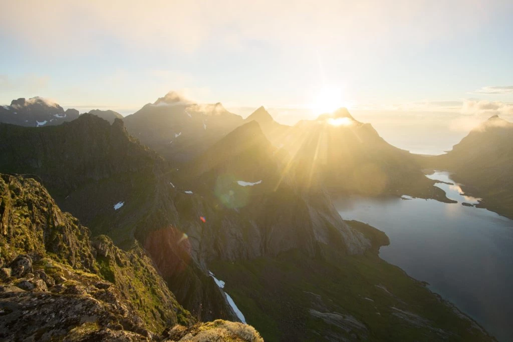 Midnight sun in Lofoten Islands, over Arctic Circle